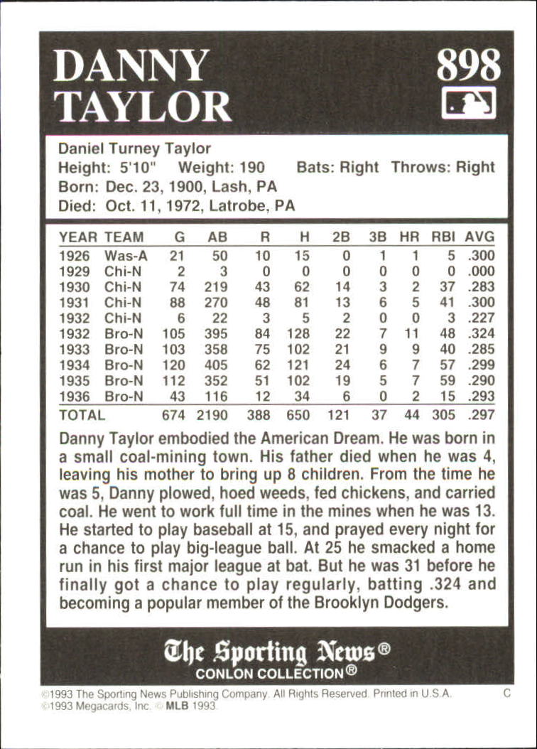 1993 Conlon TSN #898 Danny Taylor back image