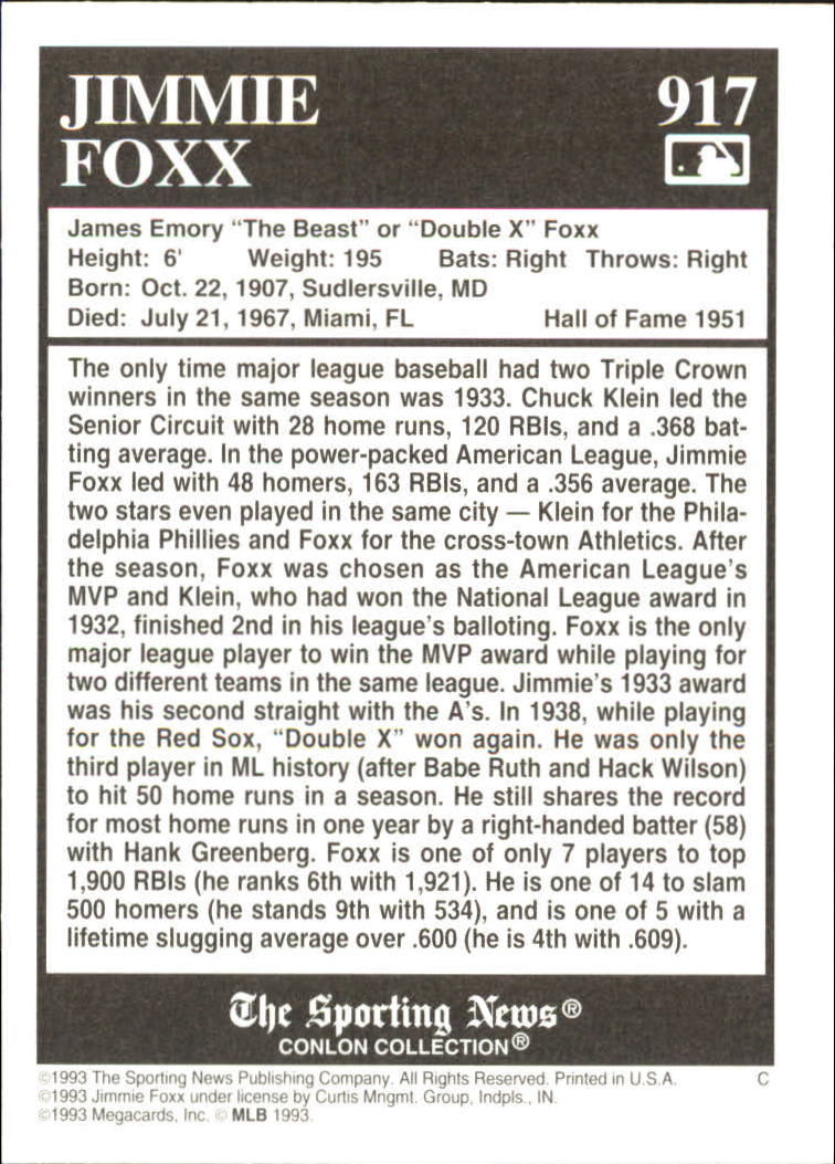 1993 Conlon TSN #917 Jimmie Foxx back image