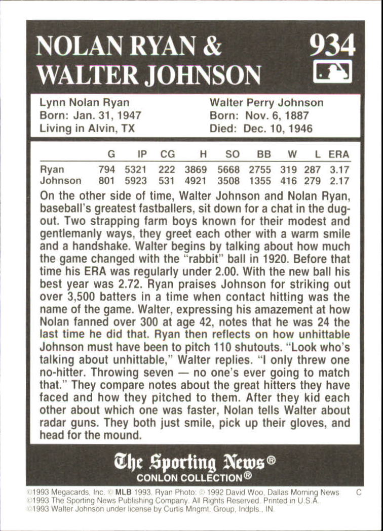 1993 Conlon TSN #934 Walter Johnson/with Nolan Ryan back image