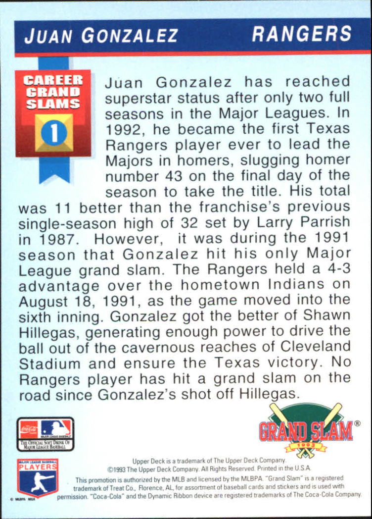 1993 Denny's Holograms #20 Juan Gonzalez back image