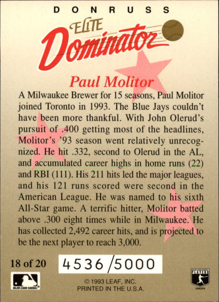 1993 Donruss Elite Dominators #18 Paul Molitor back image