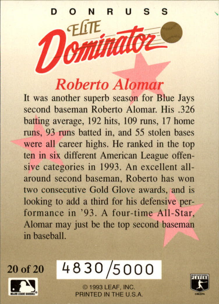 1993 Donruss Elite Dominators #20 Roberto Alomar back image