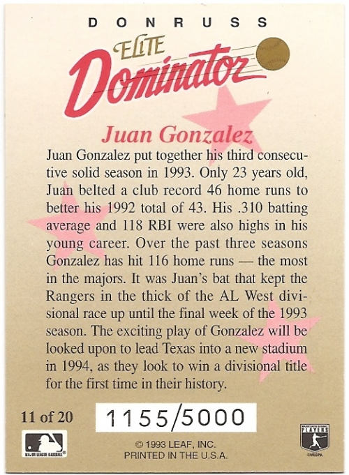 1993 Donruss Elite Dominators #AU11 Juan Gonzalez AU back image