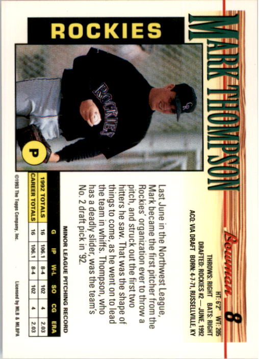 1993 Bowman #8 Mark Thompson RC back image