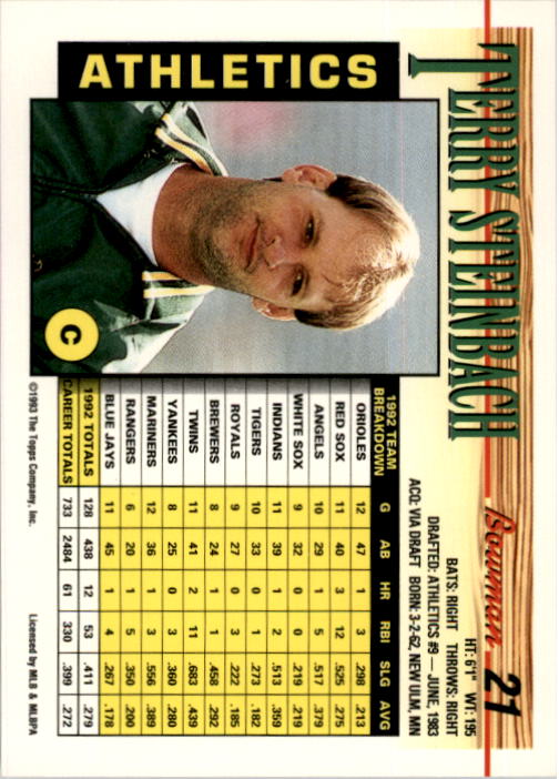 1993 Bowman #21 Terry Steinbach back image