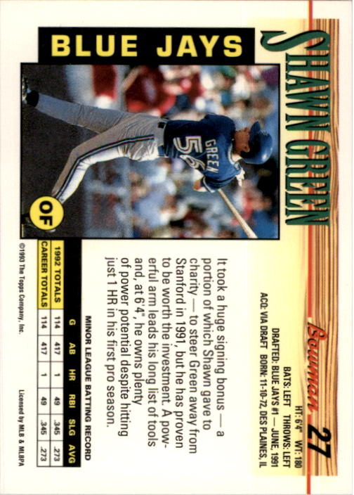 1993 Bowman #27 Shawn Green back image