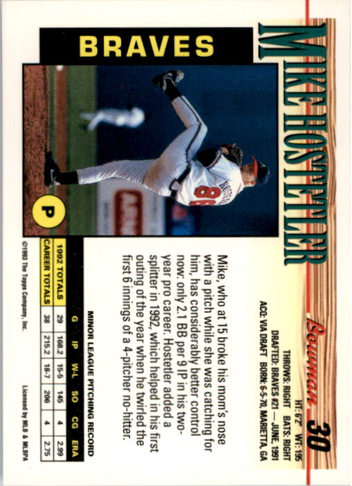 1993 Bowman #30 Mike Hostetler RC back image