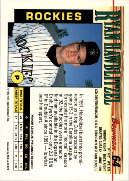 1993 Bowman #64 Ryan Hawblitzel back image