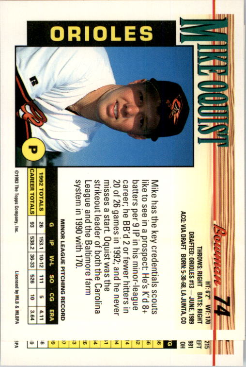 1993 Bowman #74 Mike Oquist RC back image