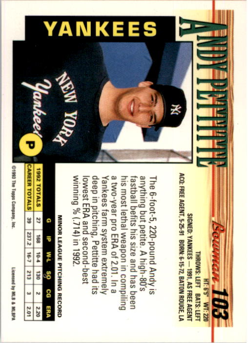 1993 Bowman #103 Andy Pettitte RC back image