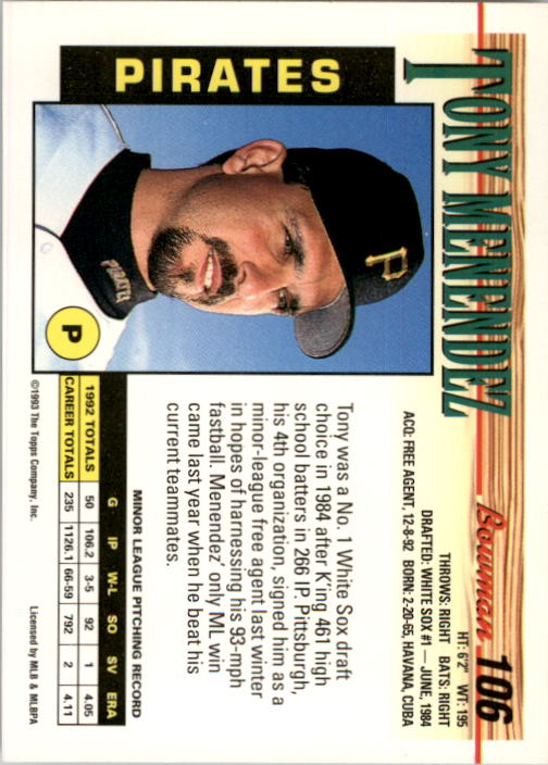 1993 Bowman #106 Tony Menendez back image