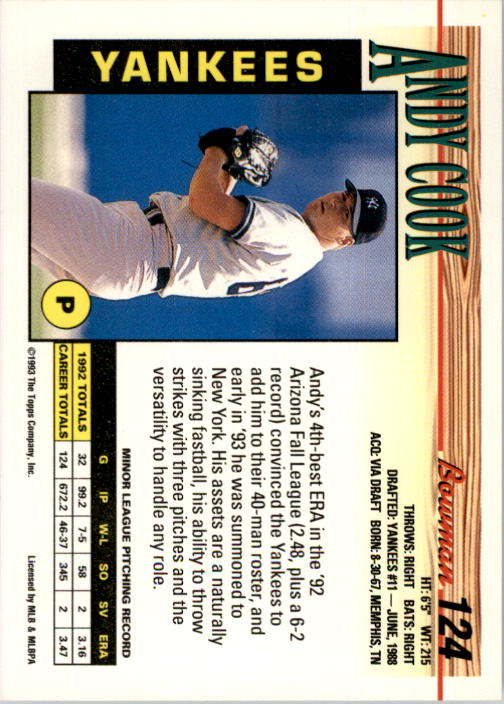 1993 Bowman #124 Andy Cook RC back image