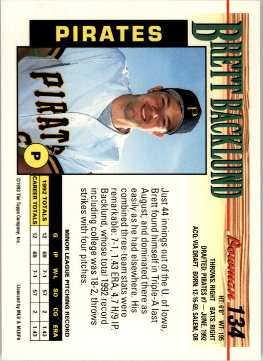 1993 Bowman #134 Brett Backlund RC back image