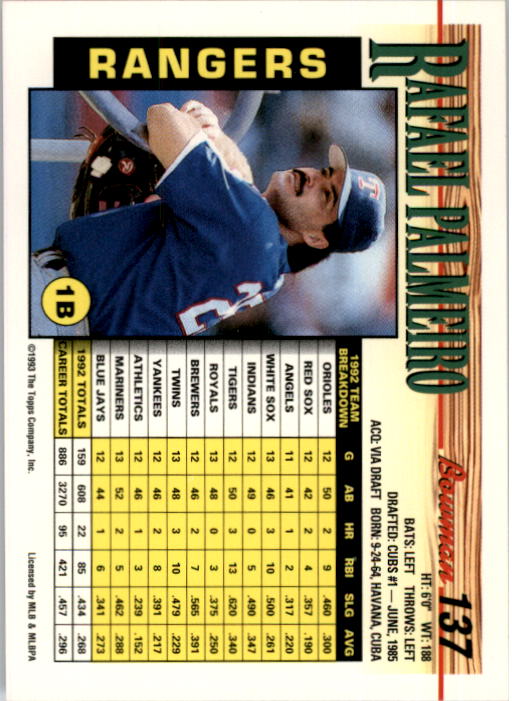 1993 Bowman #137 Rafael Palmeiro back image