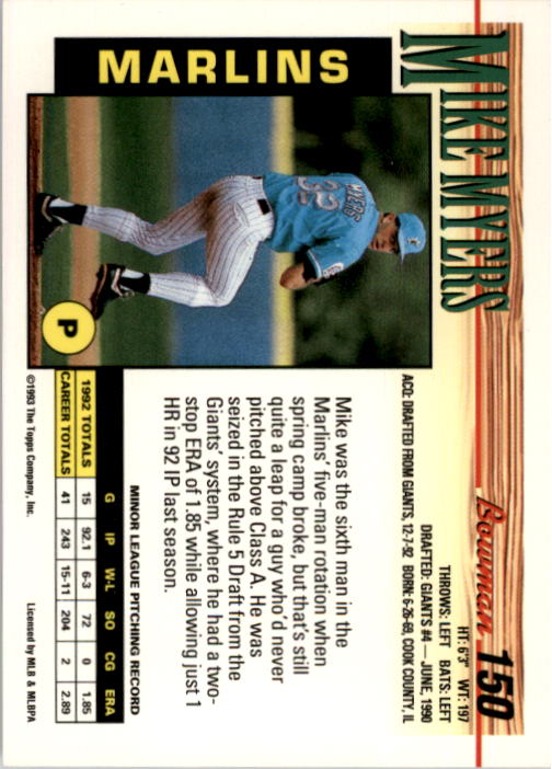 1993 Bowman #150 Mike Myers RC back image