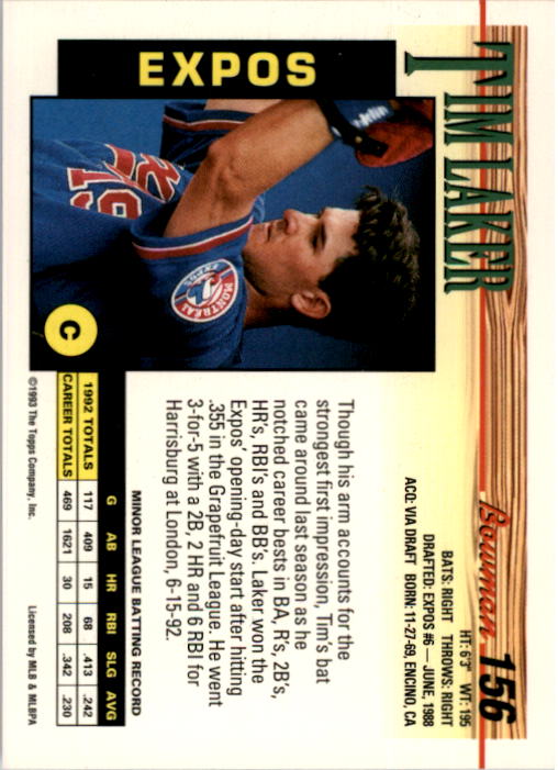 1993 Bowman #156 Tim Laker RC back image