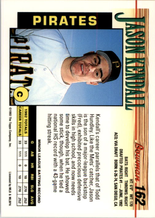 1993 Bowman #162 Jason Kendall RC back image