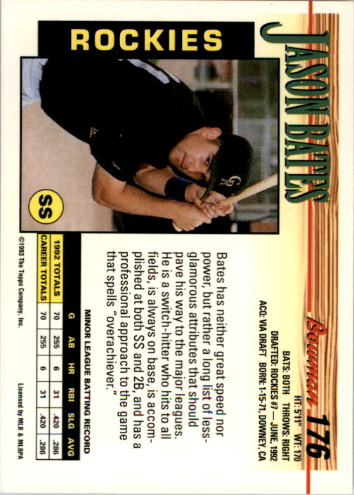 1993 Bowman #176 Jason Bates RC back image