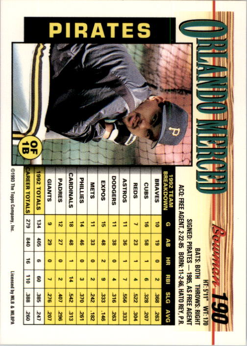 1993 Bowman #190 Orlando Merced back image