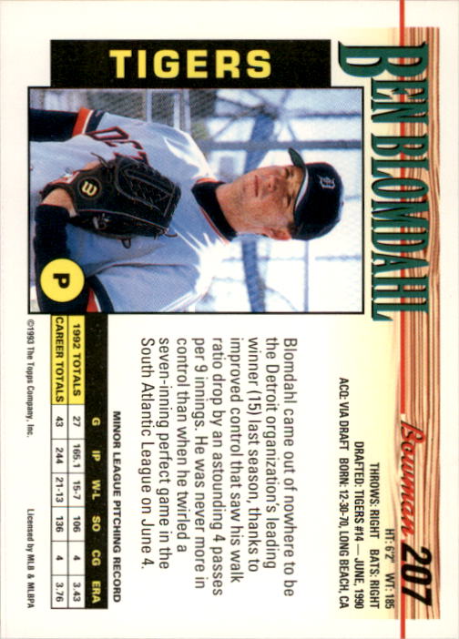 1993 Bowman #207 Ben Blomdahl RC back image