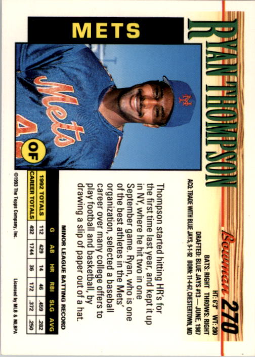 1993 Bowman Baseball "Main Set" Base Cards #251 to #500 - Picture 41 of 499