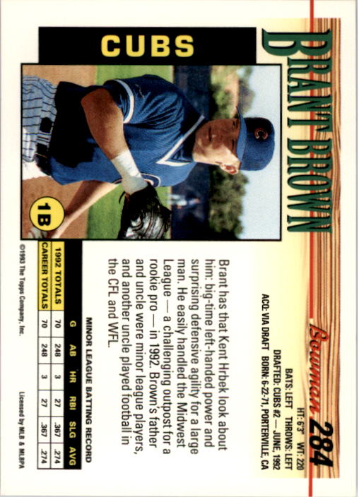 1993 Bowman #284 Brant Brown RC back image