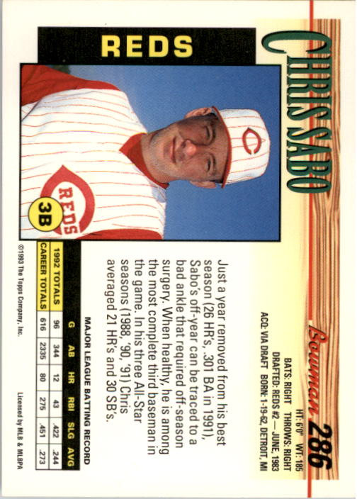 1993 Bowman #286 Chris Sabo back image