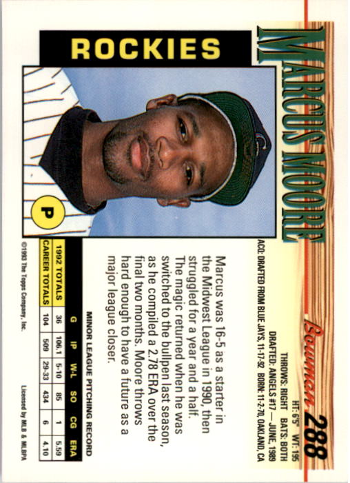 1993 Bowman #288 Marcus Moore RC back image