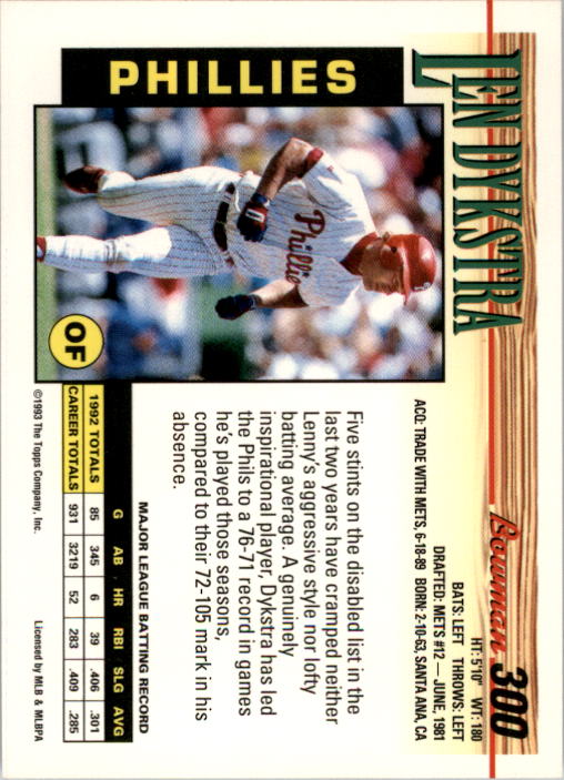 1993 Bowman #300 Len Dykstra back image