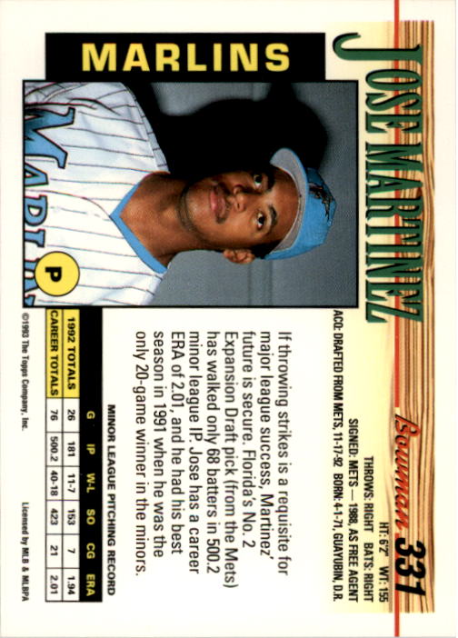 1993 Bowman #331 Jose Martinez RC back image