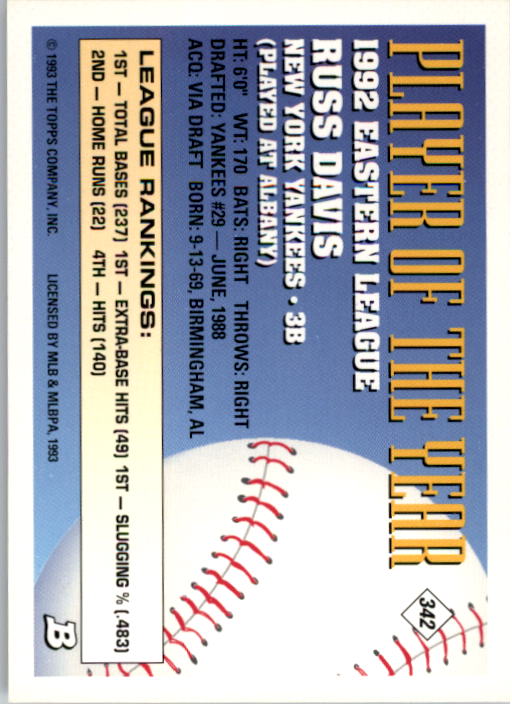 1993 Bowman Baseball "Main Set" Base Cards #251 to #500 - Picture 185 of 499