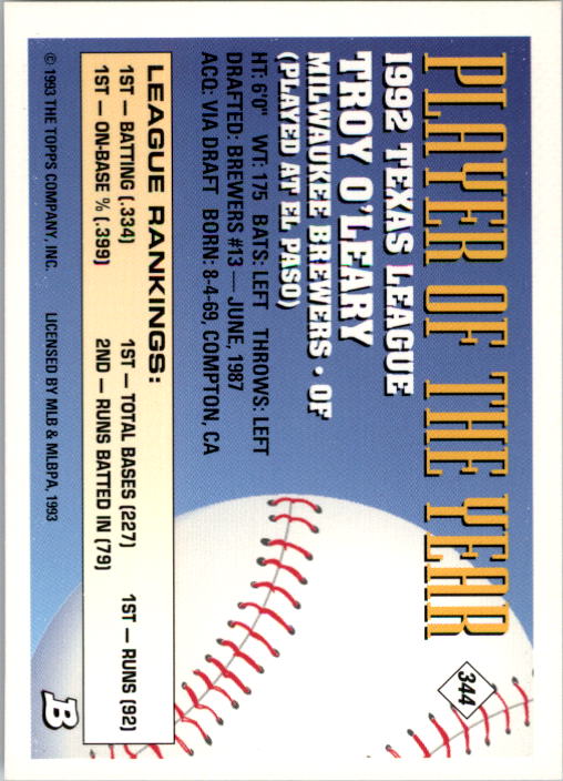 1993 Bowman Baseball "Main Set" Base Cards #251 to #500 - Picture 189 of 499