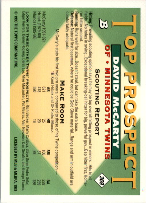 1993 Bowman Baseball "Main Set" Base Cards #251 to #500 - Picture 239 of 499