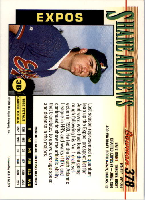 1993 Bowman Baseball "Main Set" Base Cards #251 to #500 - Picture 257 of 499