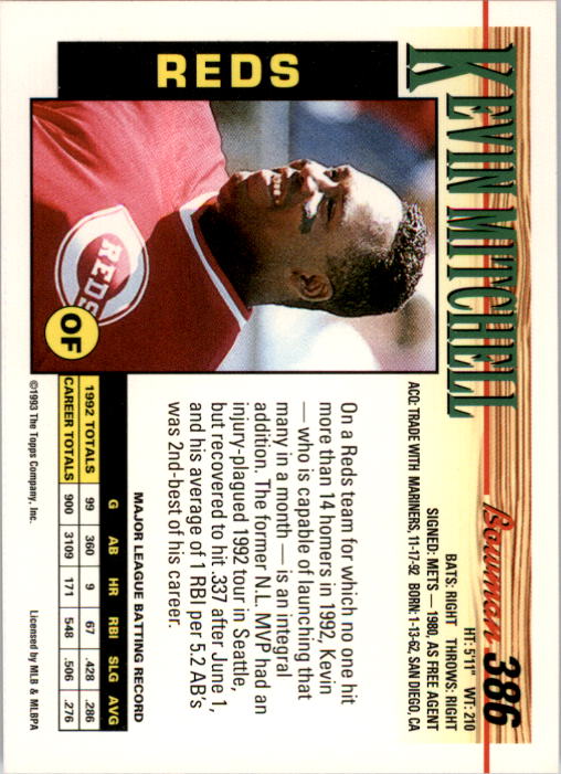1993 Bowman Baseball "Main Set" Base Cards #251 to #500 - Picture 273 of 499