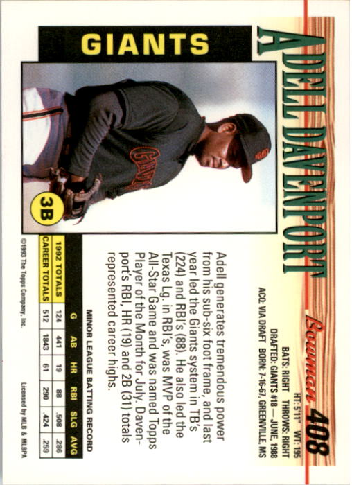 1993 Bowman Baseball "Main Set" Base Cards #251 to #500 - Picture 317 of 499
