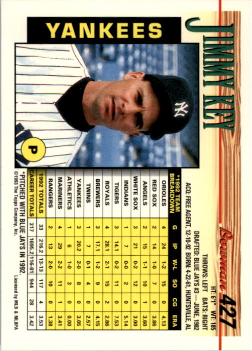 1993 Bowman Baseball "Main Set" Base Cards #251 to #500 - Picture 355 of 499
