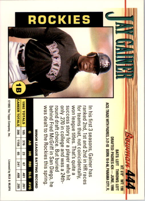 1993 Bowman #444 Jay Gainer RC back image