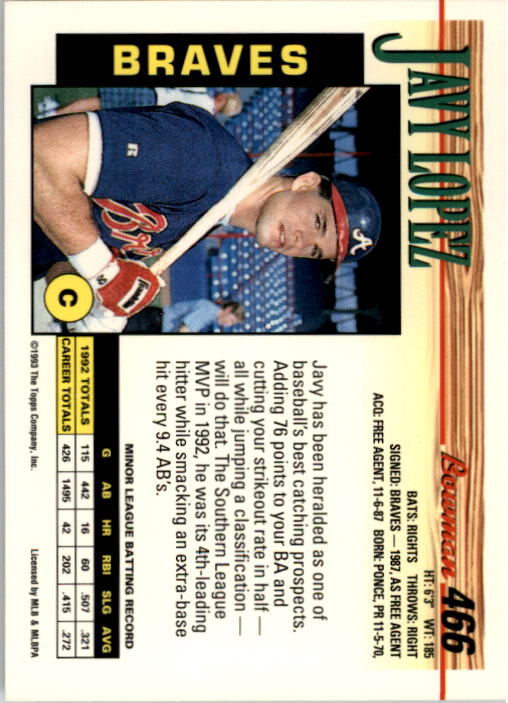 1993 Bowman #466 Javy Lopez back image