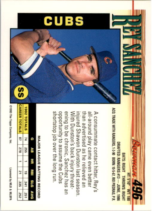 1993 Bowman #496 Rey Sanchez back image