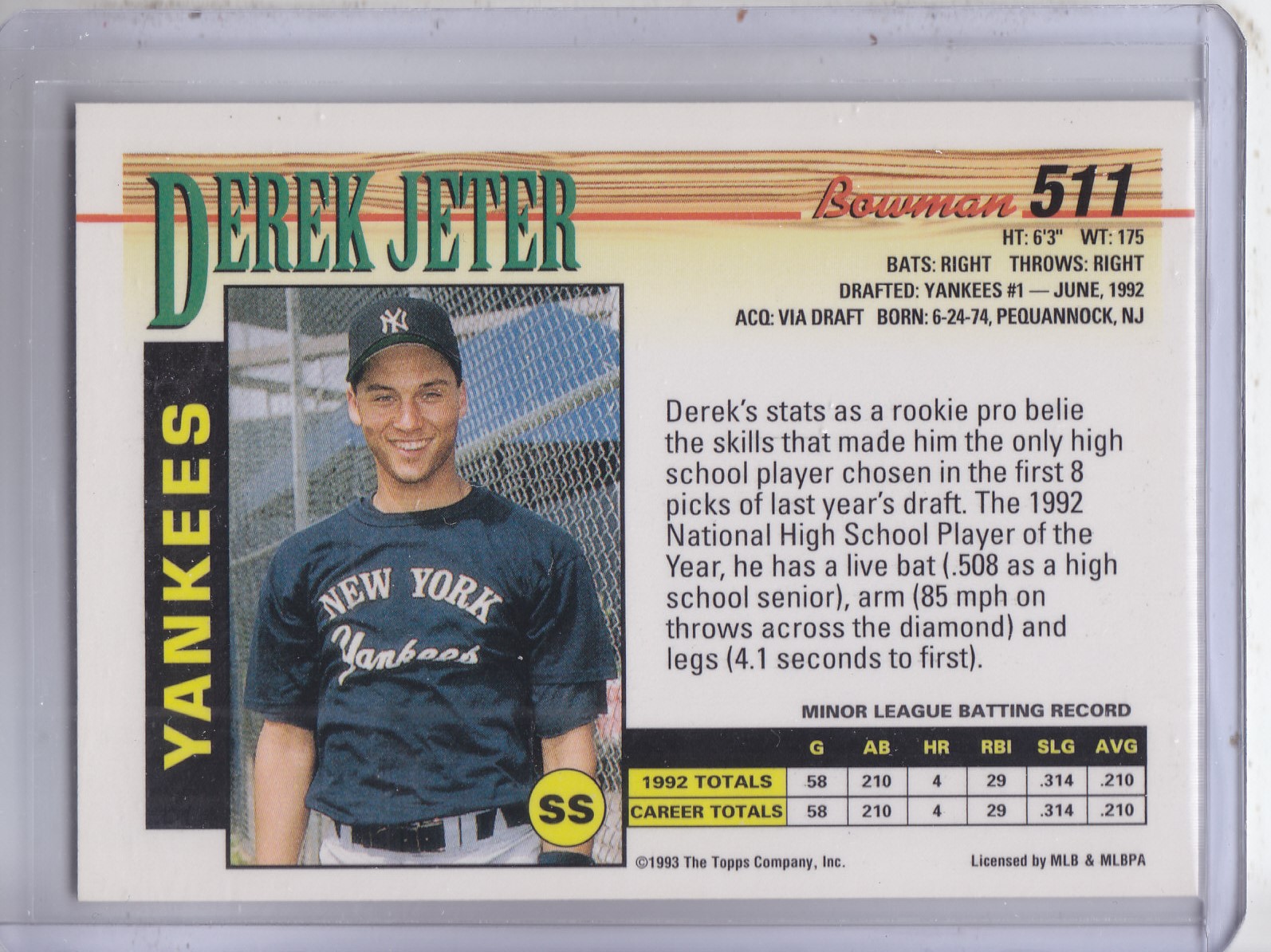 1993 Bowman #511 Derek Jeter RC back image