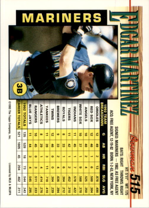 1993 Bowman #515 Edgar Martinez back image