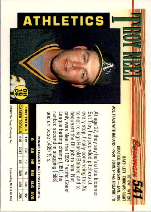 1993 Bowman #541 Troy Neel back image