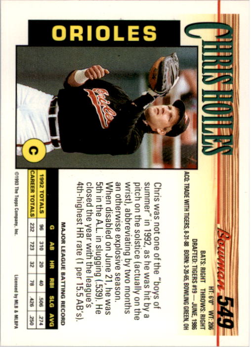 1993 Bowman #549 Chris Hoiles back image