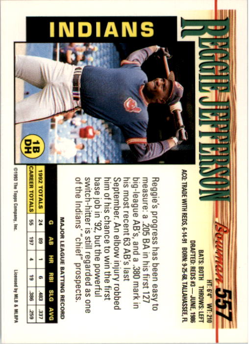 1993 Bowman #557 Reggie Jefferson back image