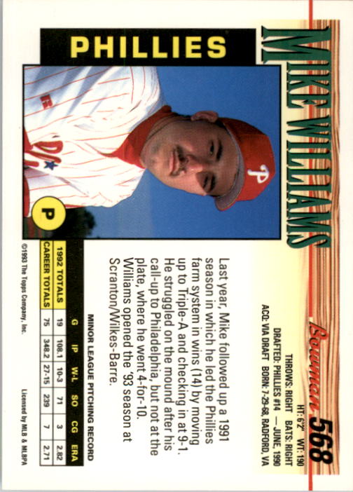 1993 Bowman #568 Mike Williams back image