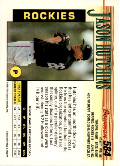 1993 Bowman #584 Jason Hutchins RC back image