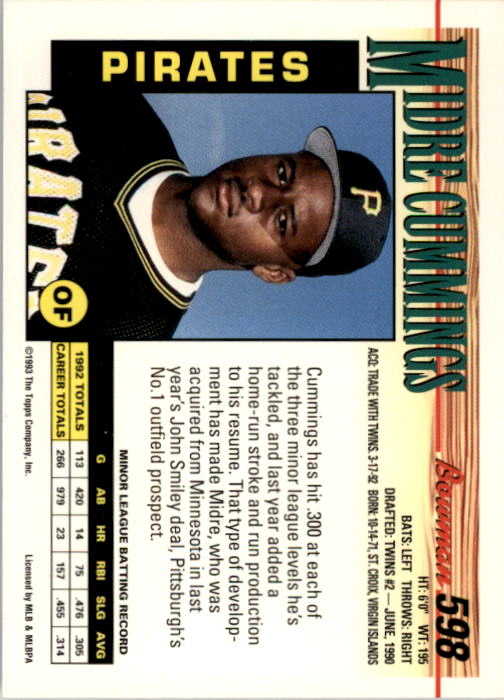 1993 Bowman #598 Midre Cummings RC back image