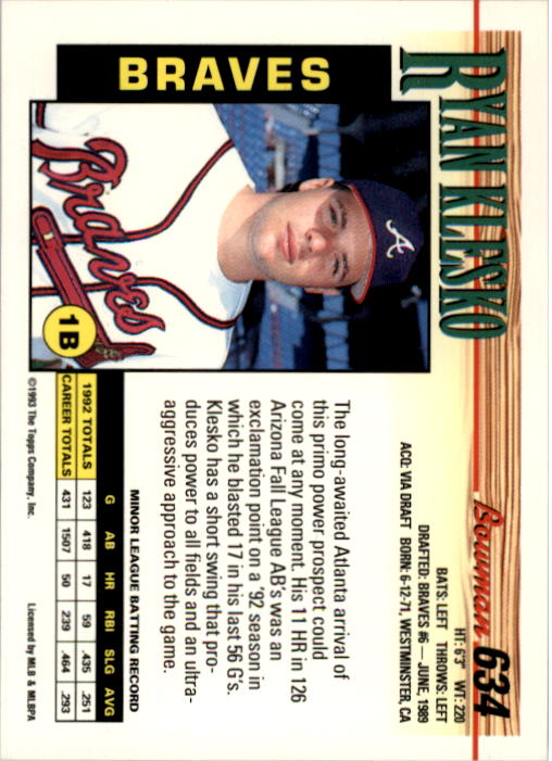 1993 Bowman #634 Ryan Klesko back image