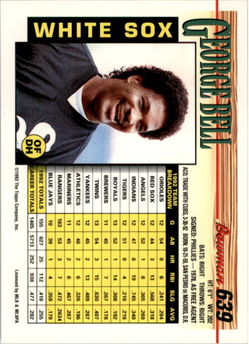 1993 Bowman #639 George Bell back image